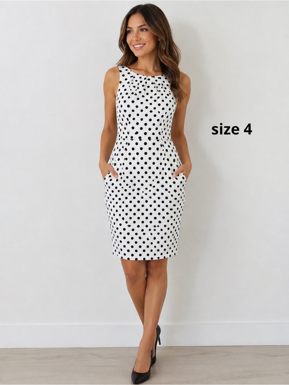 Chaps White Dress with Black Polka Dots Stretch fabric